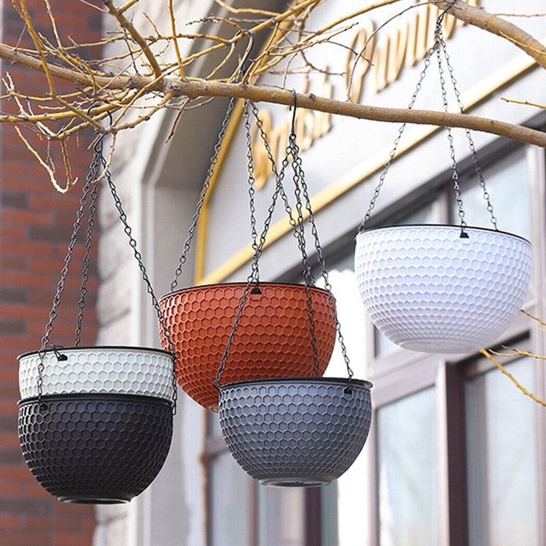 2X White Small Hanging Resin Flower Pot Self Watering Basket Planter Indoor Outdoor Garden Decor