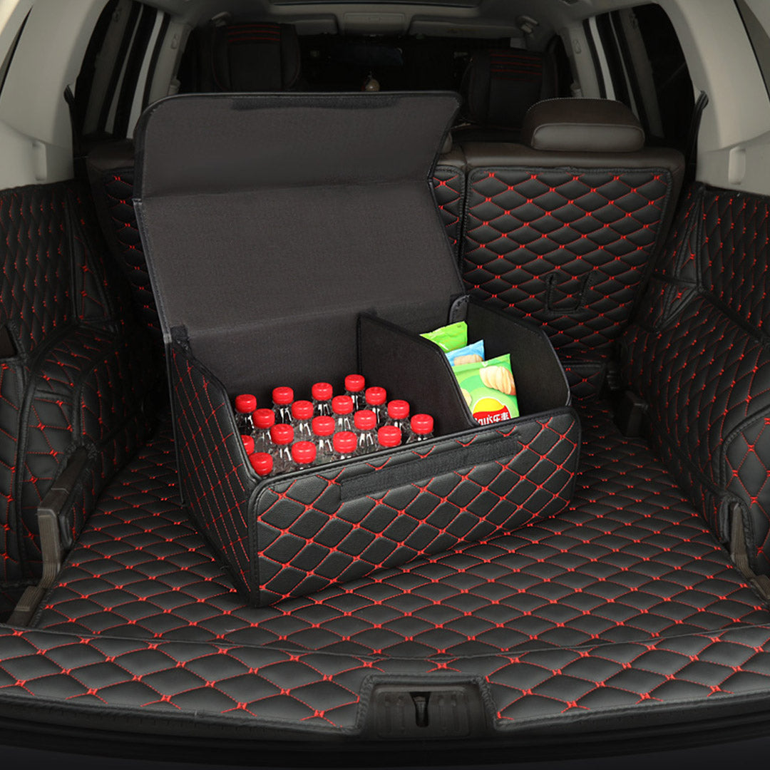 Soga 4 X Leather Car Boot Collapsible Foldable Trunk Cargo Organizer Portable Storage Box Black/Red Stitch Small