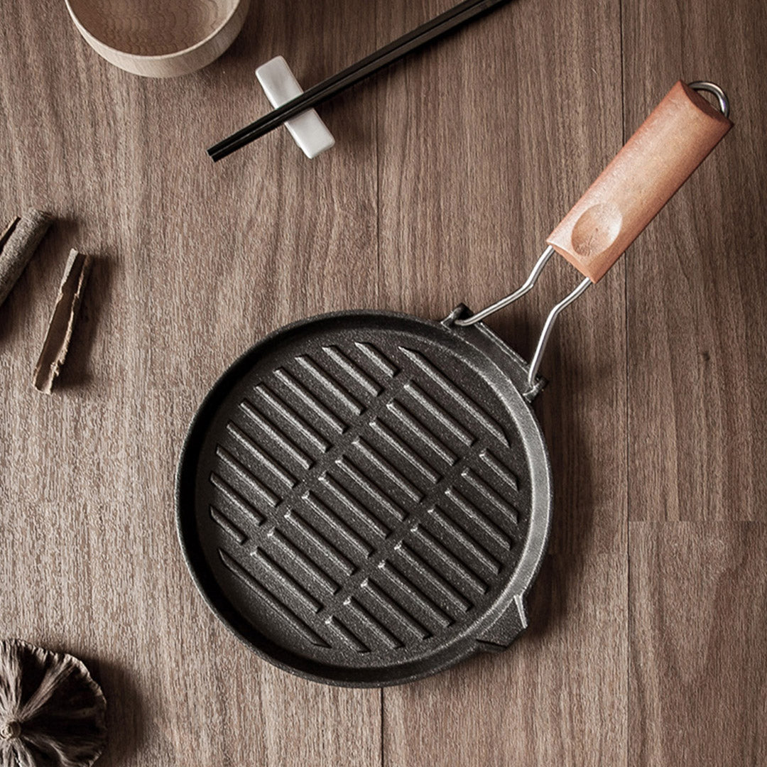 Soga 2 X 24cm Round Ribbed Cast Iron Steak Frying Grill Skillet Pan With Folding Wooden Handle