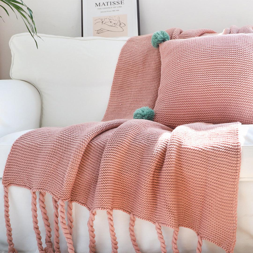 Pink Tassel Fringe Knitting Blanket Warm Cozy Woven Cover Couch Bed Sofa Home Decor