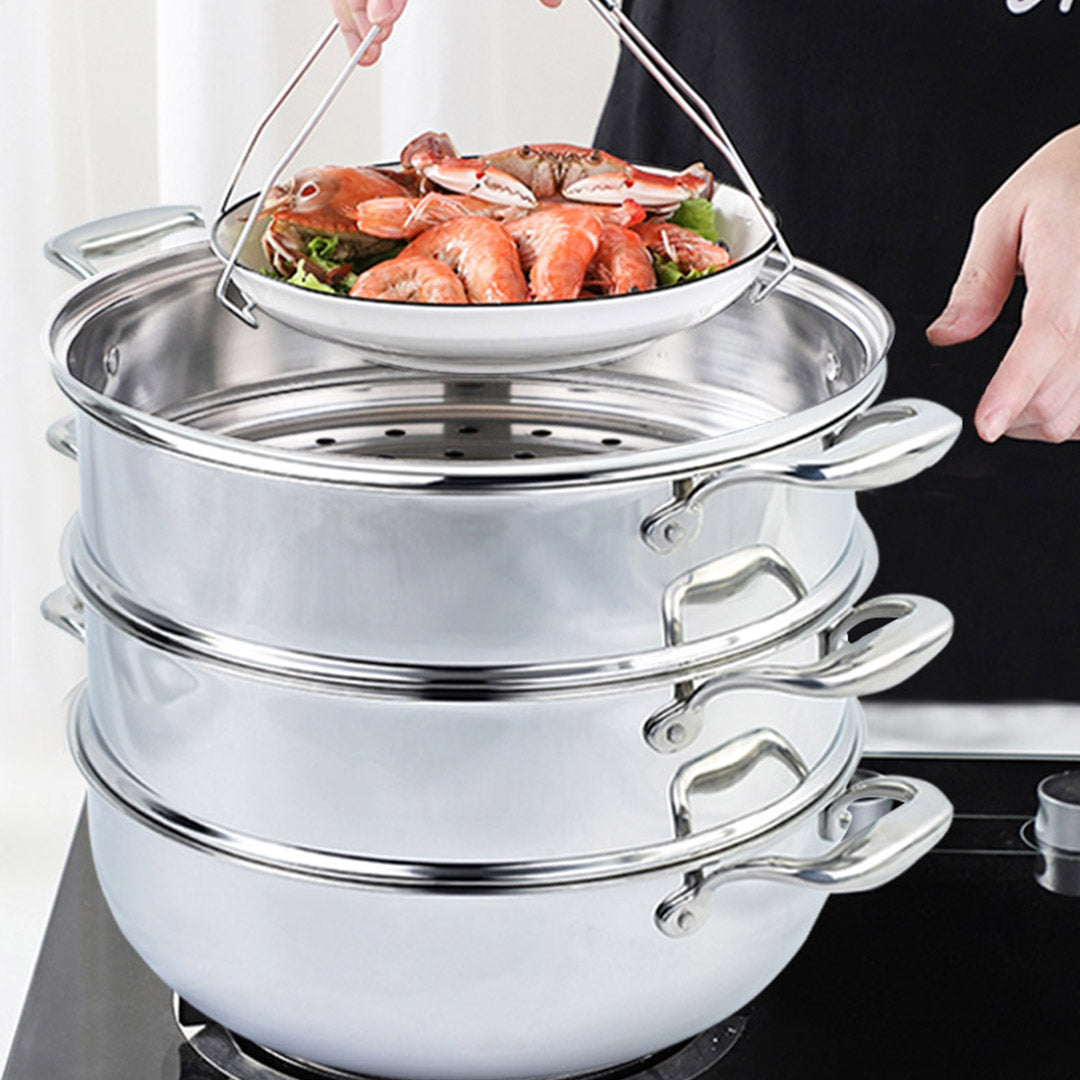 Soga 2 X 3 Tier 28cm Heavy Duty Stainless Steel Food Steamer Vegetable Pot Stackable Pan Insert With Glass Lid