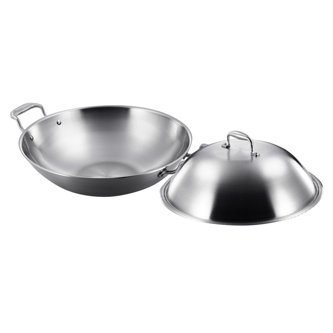 Soga 2 X 3 Ply 38cm Stainless Steel Double Handle Wok Frying Fry Pan Skillet With Lid