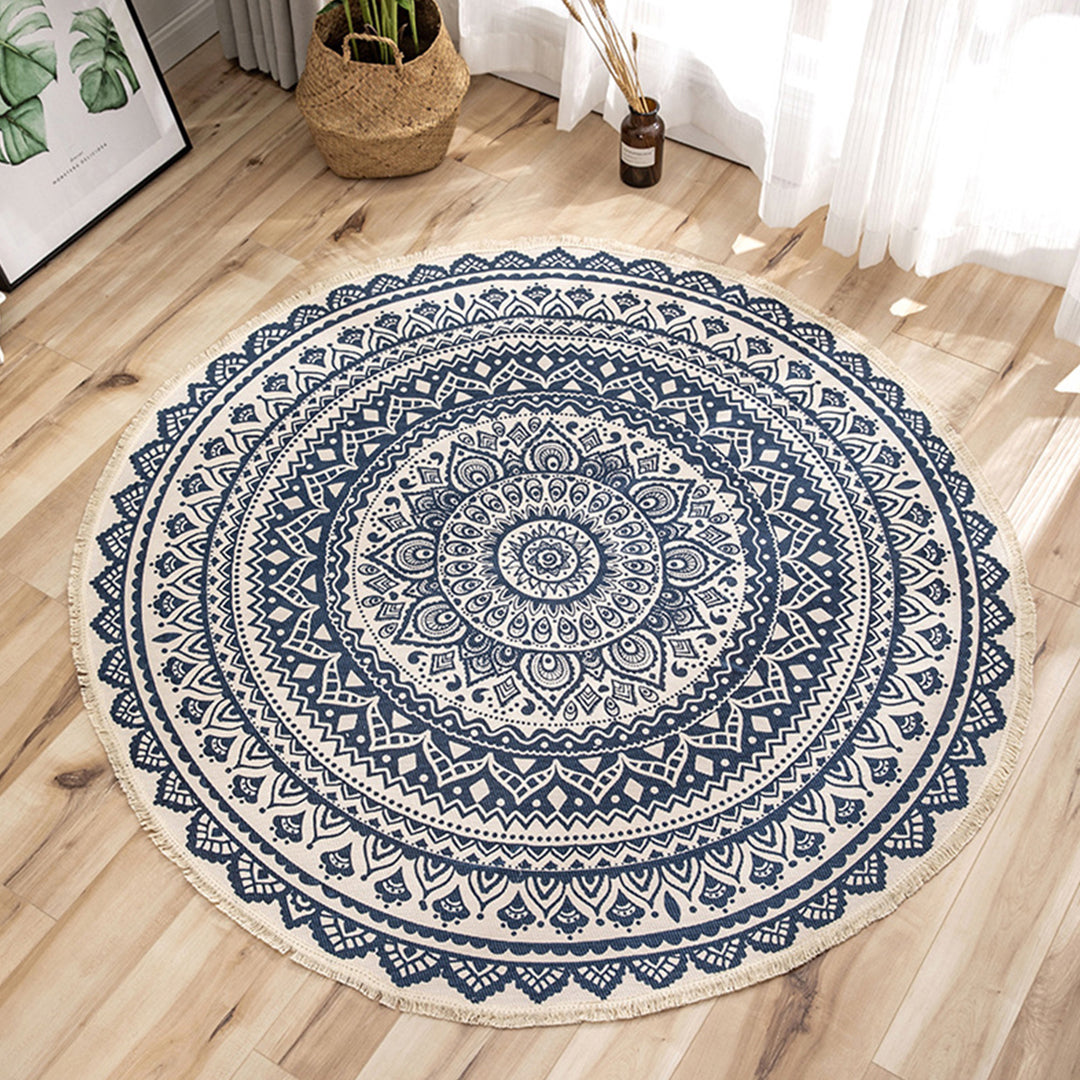 2X Dark Blue Carpet Soft Linen Bohemian Non-Slip Floor Retro Minimalist Round Rug Home Decor with Tassels