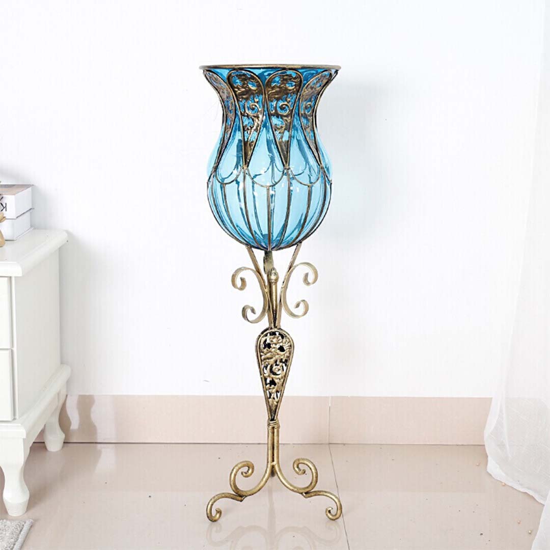 Soga 85cm Blue Glass Floor Vase With Tall Metal Flower Stand