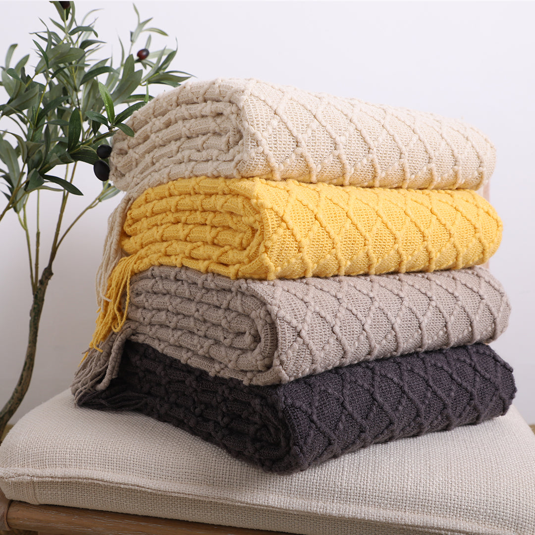 2X Beige Diamond Pattern Knitted Throw Blanket Warm Cozy Woven Cover Couch Bed Sofa Home Decor with Tassels