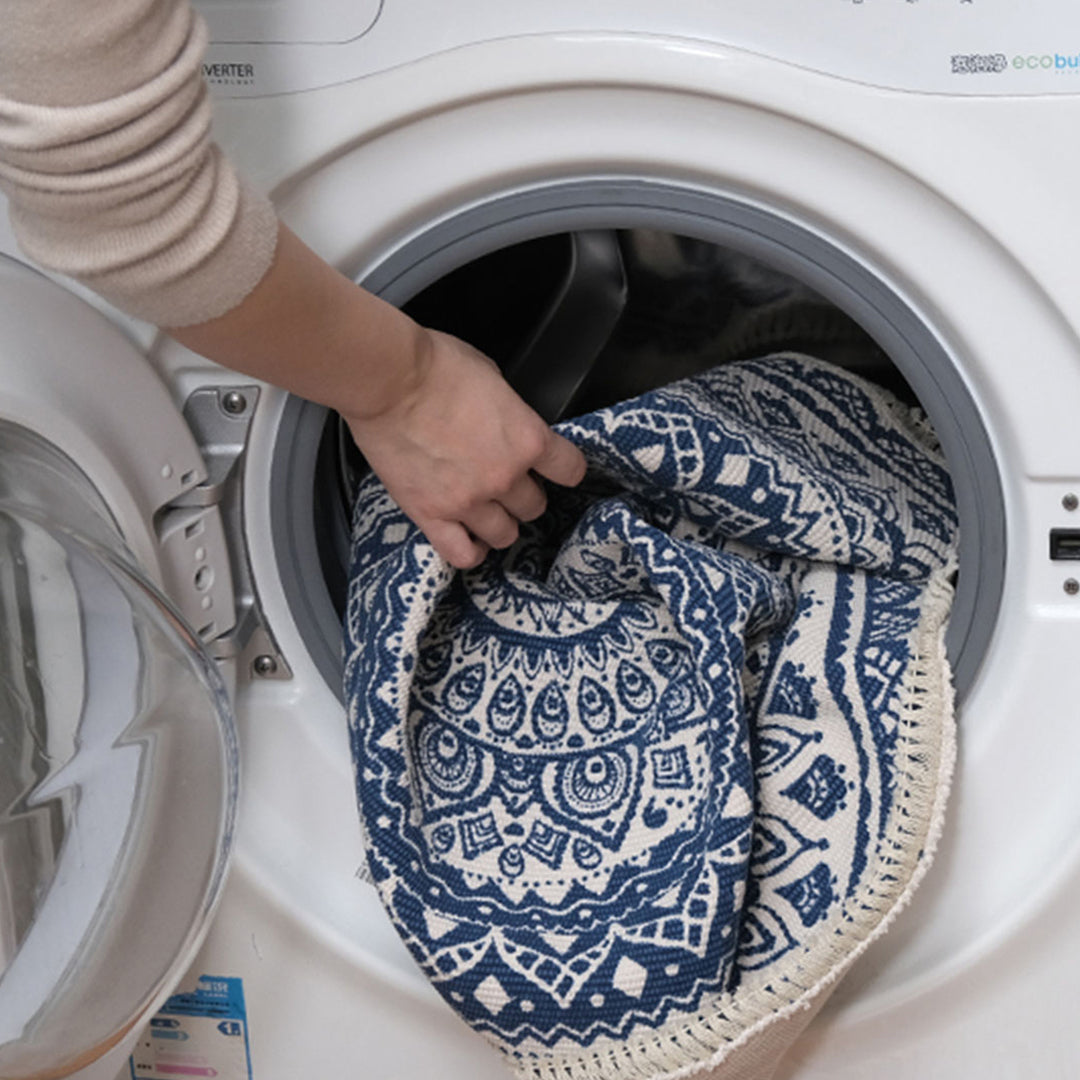 2X Blue Carpet Soft Linen Bohemian Non-Slip Floor Retro Minimalist Round Rug Home Decor with Tassels