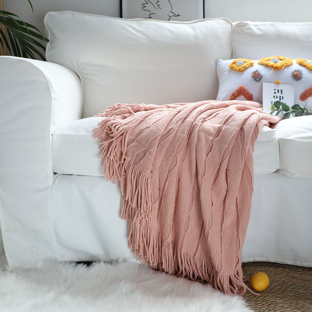 Pink Textured Knitted Throw Blanket Warm Cozy Woven Cover Couch Bed Sofa Home Decor with Tassels