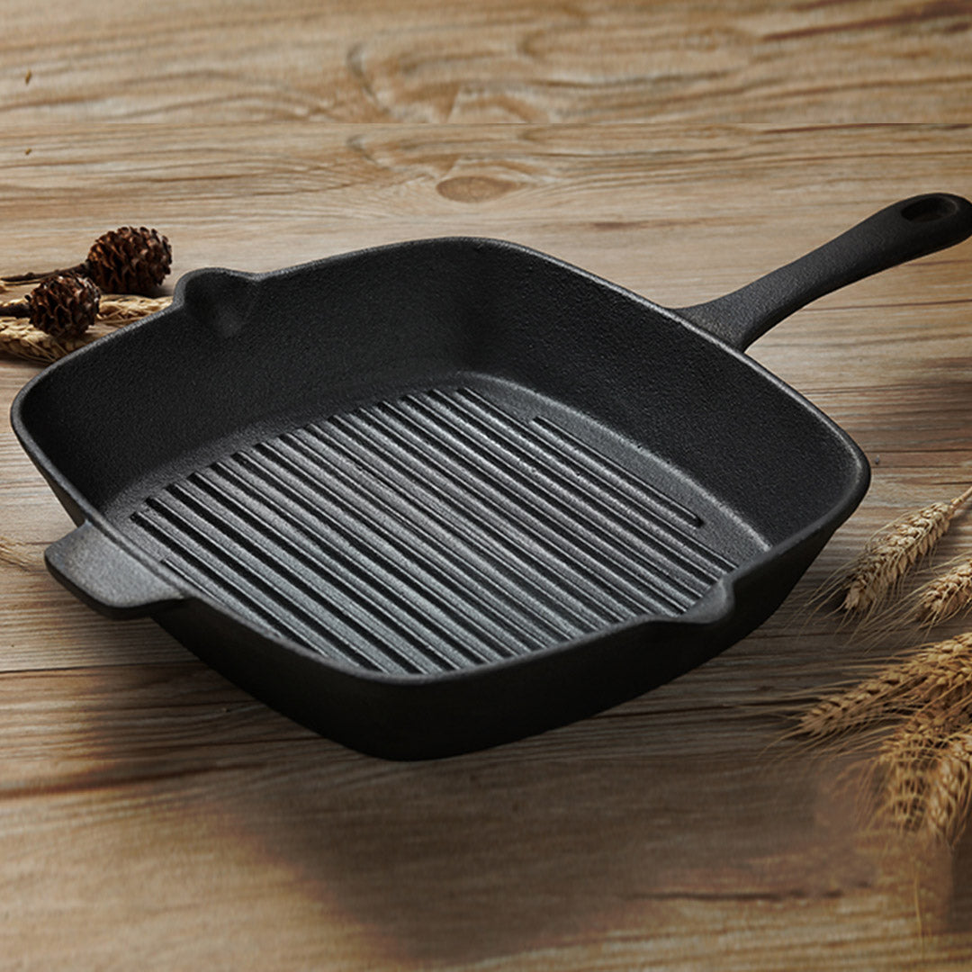 Soga 26cm Square Ribbed Cast Iron Frying Pan Skillet Steak Sizzle Platter With Handle