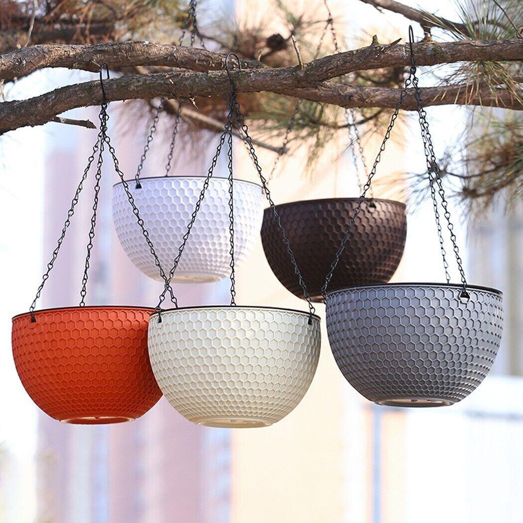 2X Coffee Medium Hanging Resin Flower Pot Self Watering Basket Planter Indoor Outdoor Garden Decor
