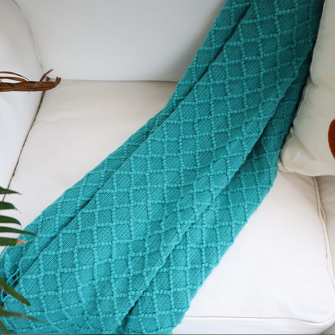 2X Teal Diamond Pattern Knitted Throw Blanket Warm Cozy Woven Cover Couch Bed Sofa Home Decor with Tassels