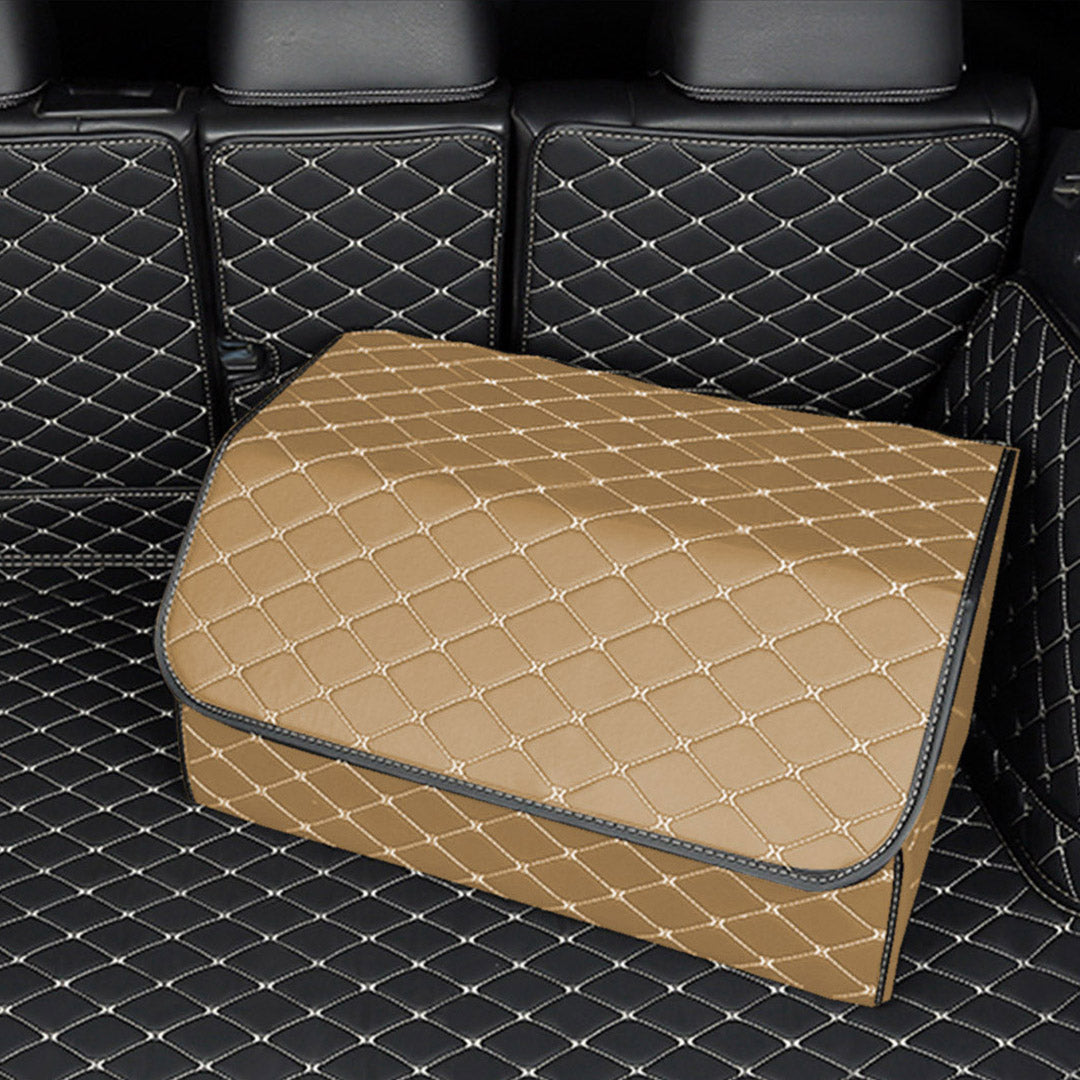 Soga 2 X Leather Car Boot Collapsible Foldable Trunk Cargo Organizer Portable Storage Box Beige/Gold Stitch Large