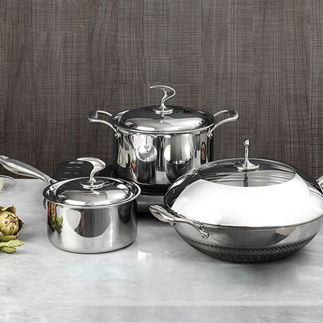 Soga 6 Piece Cookware Set 18/10 Stainless Steel 3 Ply Frying Pan, Milk, And Soup Pot With Lid