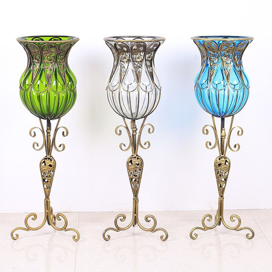 85cm Clear Glass Tall Floor Vase with 12pcs Pink Artificial Fake Flower Set