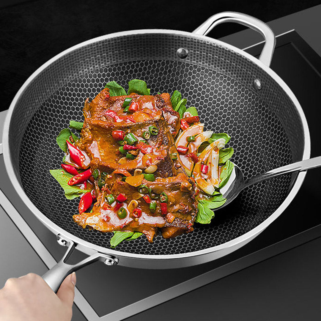 Soga 32cm Stainless Steel Tri Ply Frying Cooking Fry Pan Textured Non Stick Interior Skillet With Glass Lid