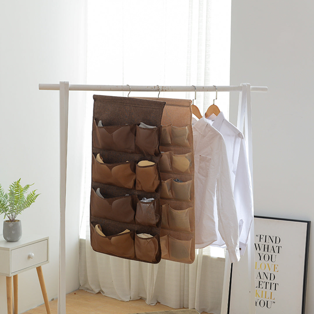 2X Coffee Double Sided Hanging Storage Bag Underwear Bra Socks Mesh Pocket Hanger Home Organiser