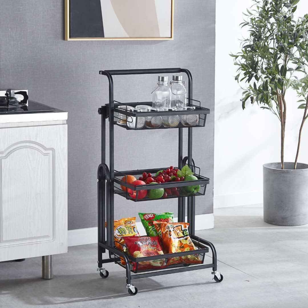 Soga 3 Tier Steel Black Adjustable Kitchen Cart Multi Functional Shelves Portable Storage Organizer With Wheels