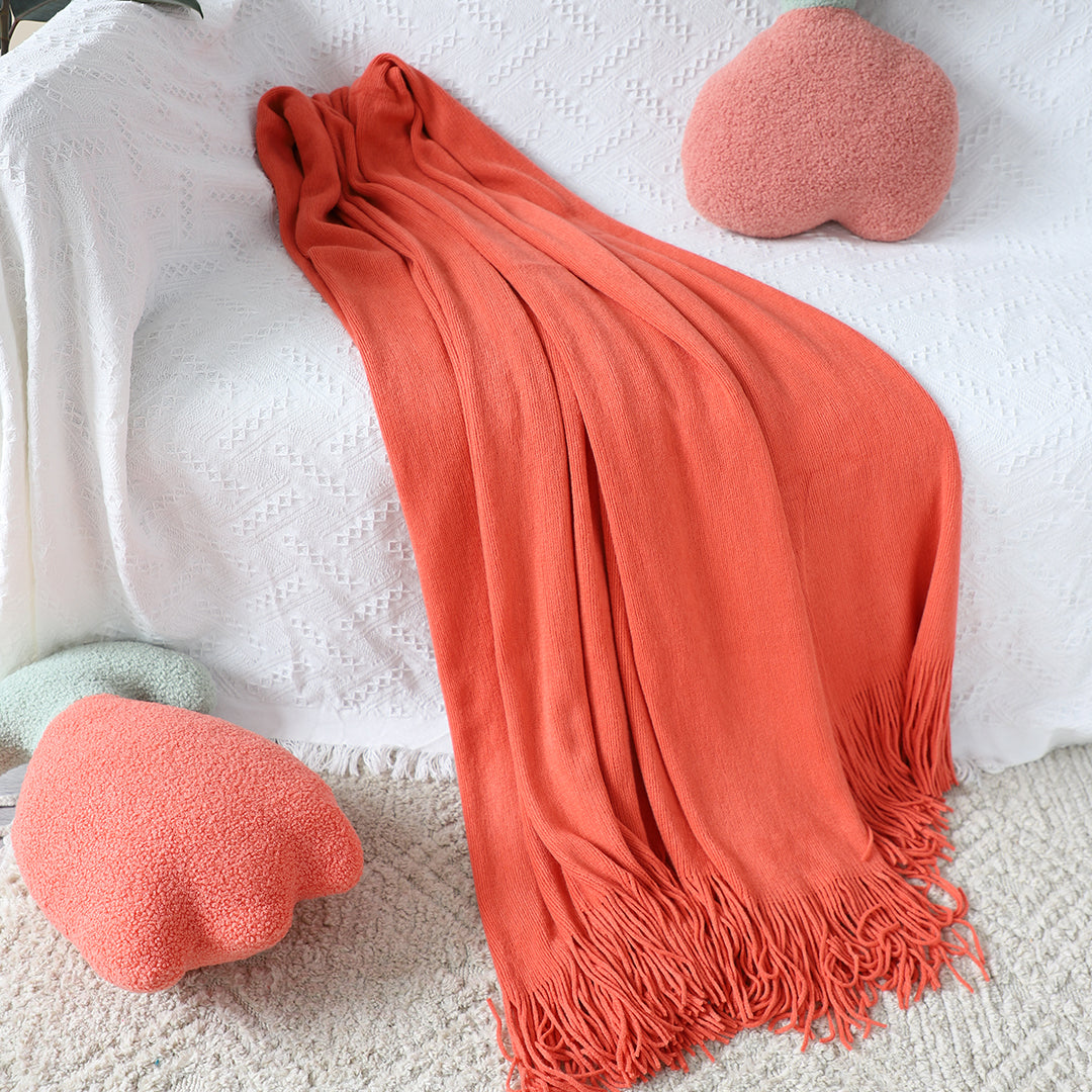 Orange Acrylic Knitted Throw Blanket Solid Fringed Warm Cozy Woven Cover Couch Bed Sofa Home Decor