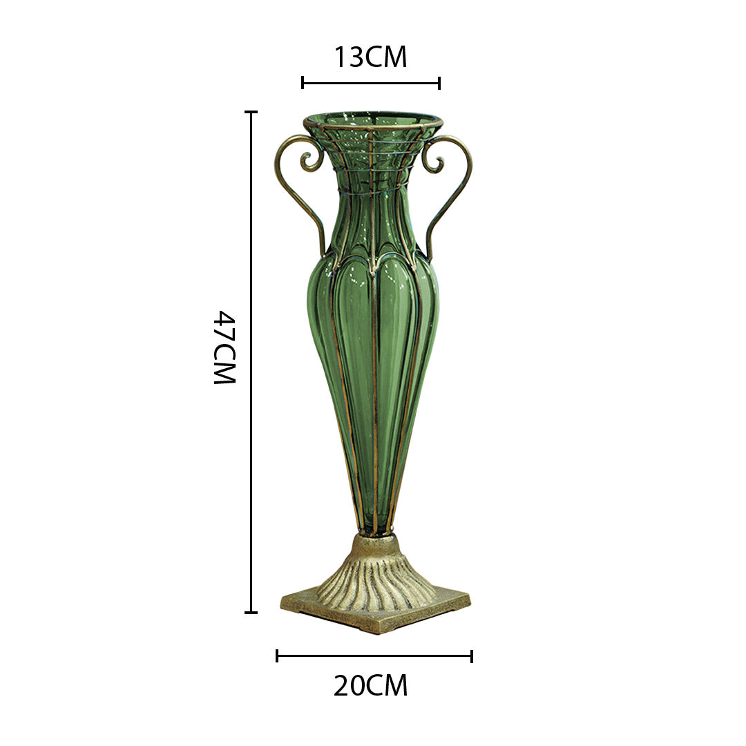 Soga Green Colored European Glass Flower Vase Solid Base With Two Gold Metal Handle