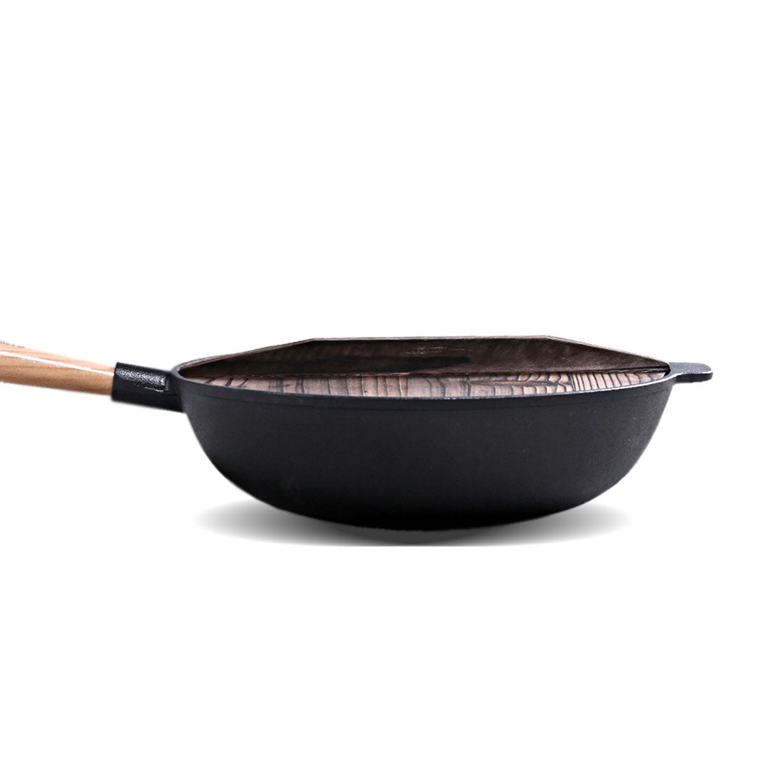 Soga 2 X 31cm Commercial Cast Iron Wok Fry Pan Fry Pan With Wooden Lid