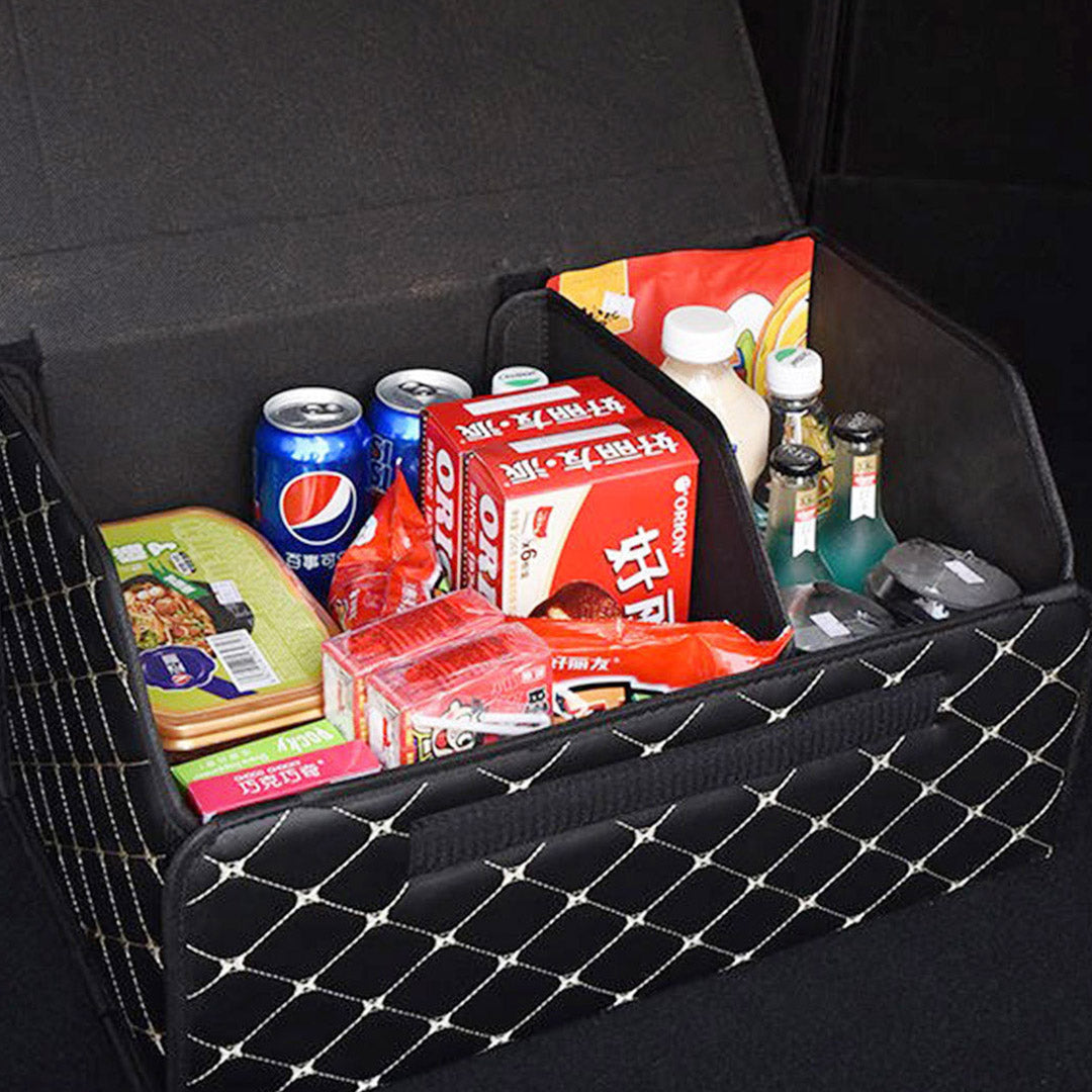Soga 4 X Leather Car Boot Collapsible Foldable Trunk Cargo Organizer Portable Storage Box Black/Gold Stitch Medium