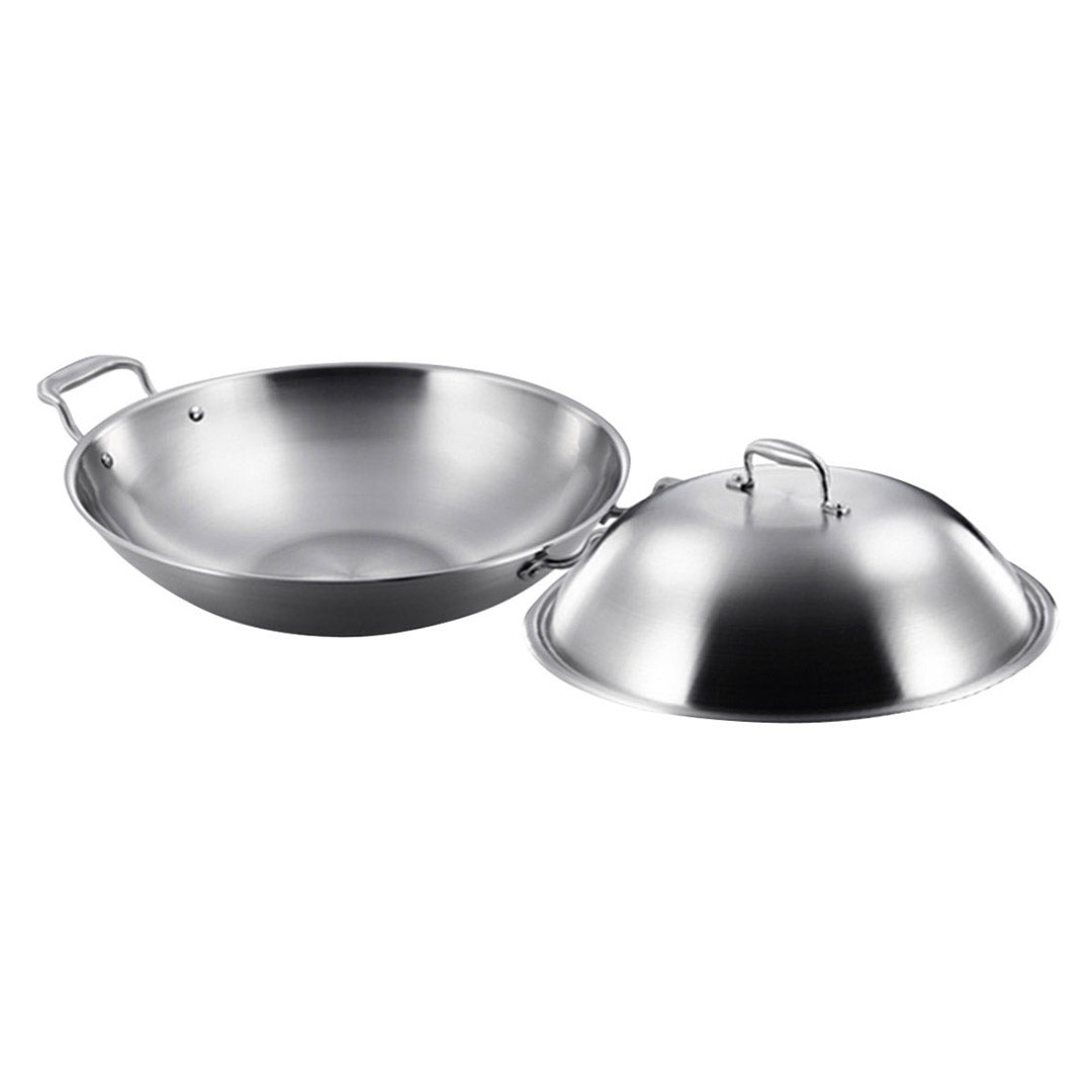 Soga 2 X 3 Ply 42cm Stainless Steel Double Handle Wok Frying Fry Pan Skillet With Lid