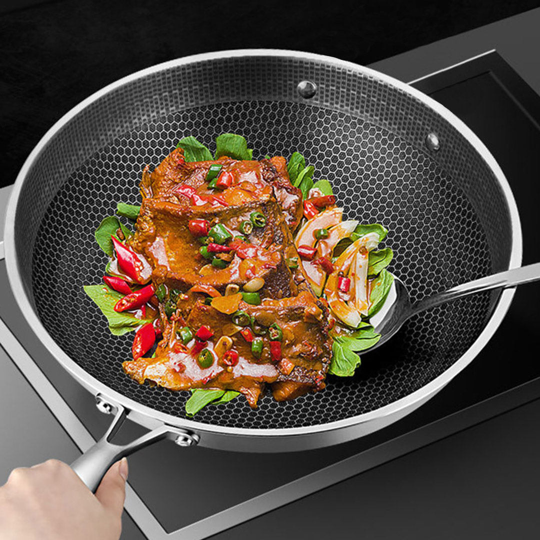 Soga 34cm Stainless Steel Tri Ply Frying Cooking Fry Pan Textured Non Stick Skillet With Glass Lid And Helper Handle