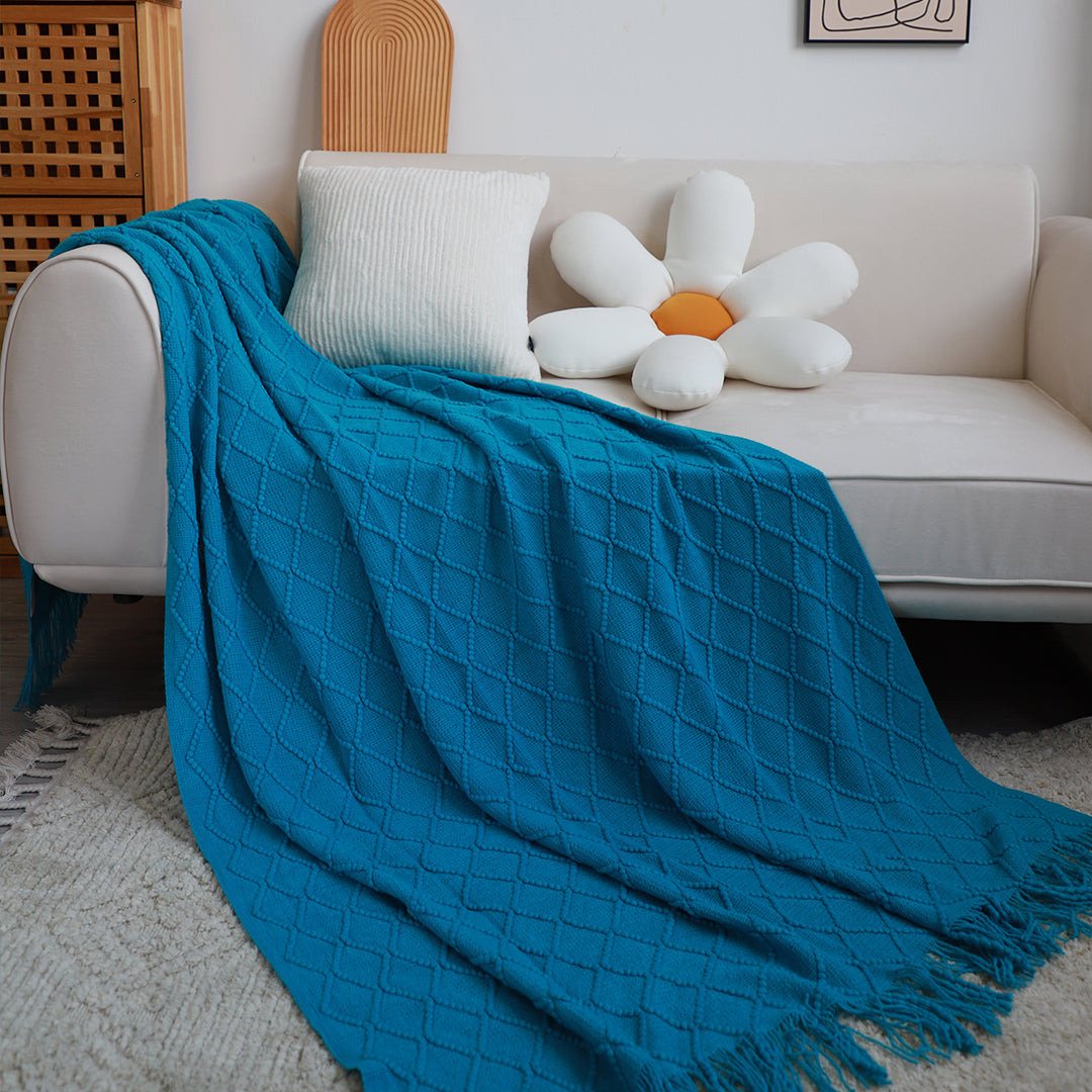 Blue Diamond Pattern Knitted Throw Blanket Warm Cozy Woven Cover Couch Bed Sofa Home Decor with Tassels