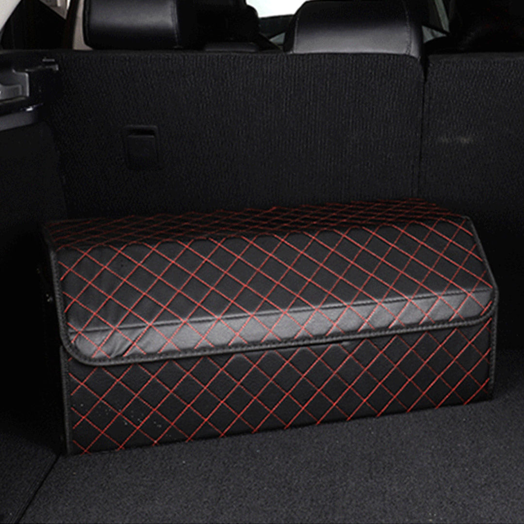 Soga Leather Car Boot Collapsible Foldable Trunk Cargo Organizer Portable Storage Box Black/Red Stitch Large