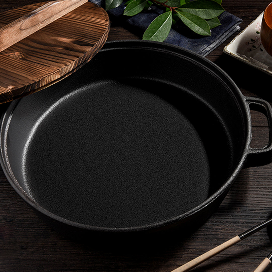 Soga 33cm Round Cast Iron Pre Seasoned Deep Baking Pizza Frying Pan Skillet With Wooden Lid