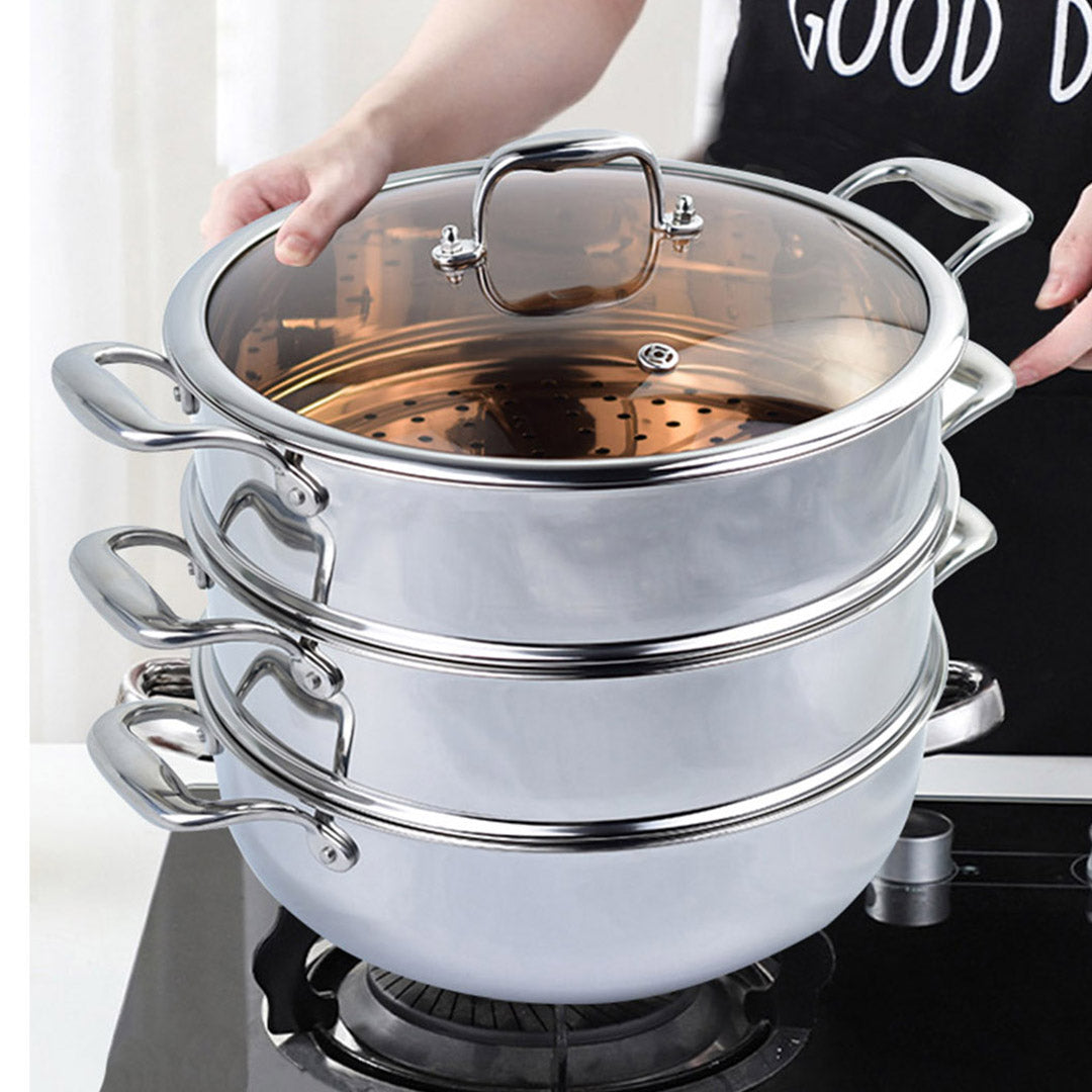 Soga 2 X 3 Tier 30cm Heavy Duty Stainless Steel Food Steamer Vegetable Pot Stackable Pan Insert With Glass Lid