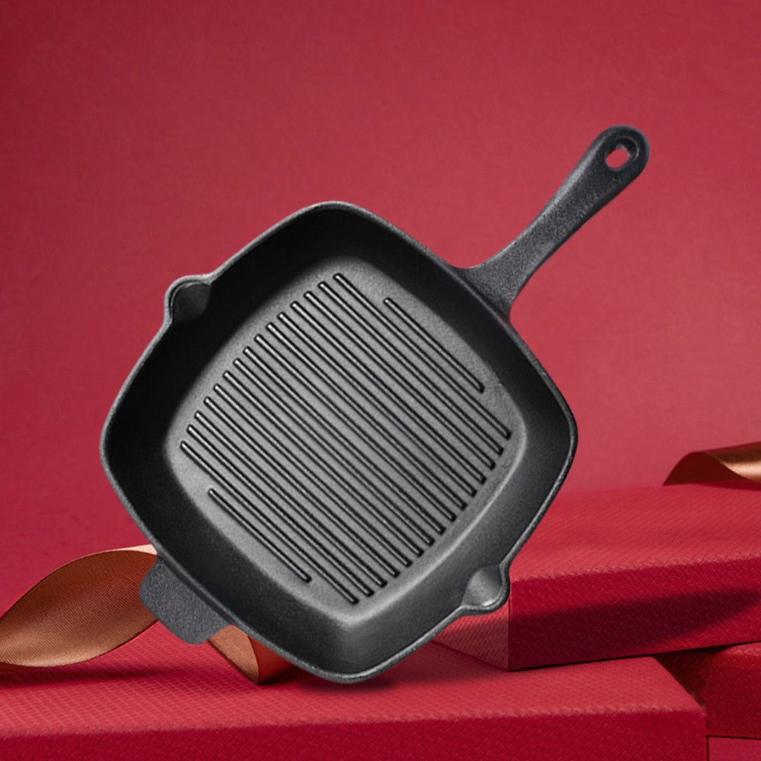 Soga 26cm Square Ribbed Cast Iron Frying Pan Skillet Steak Sizzle Platter With Handle