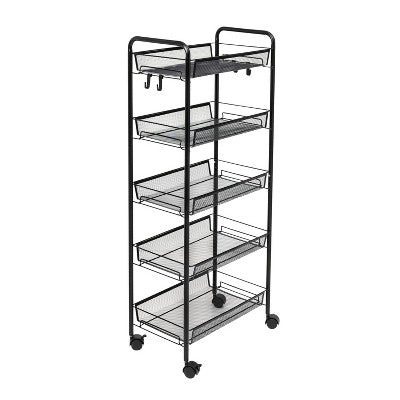 Soga 5 Tier Steel Black Bee Mesh Kitchen Cart Multi Functional Shelves Portable Storage Organizer With Wheels