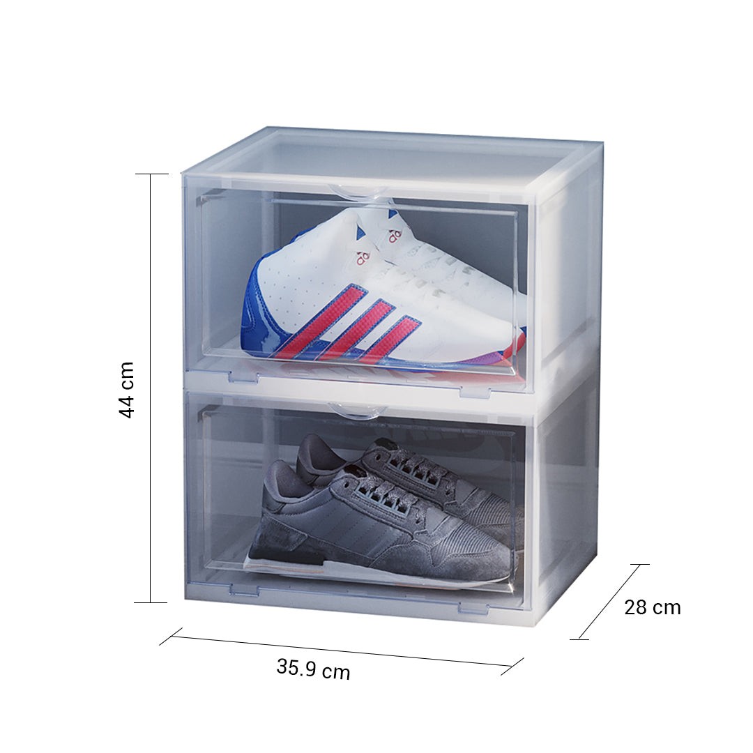 2X 2 Tier Transparent Portable Shoe Organiser Sneaker Footwear Folding Plastic Bin Stackable Storage Box with Magnetic Door