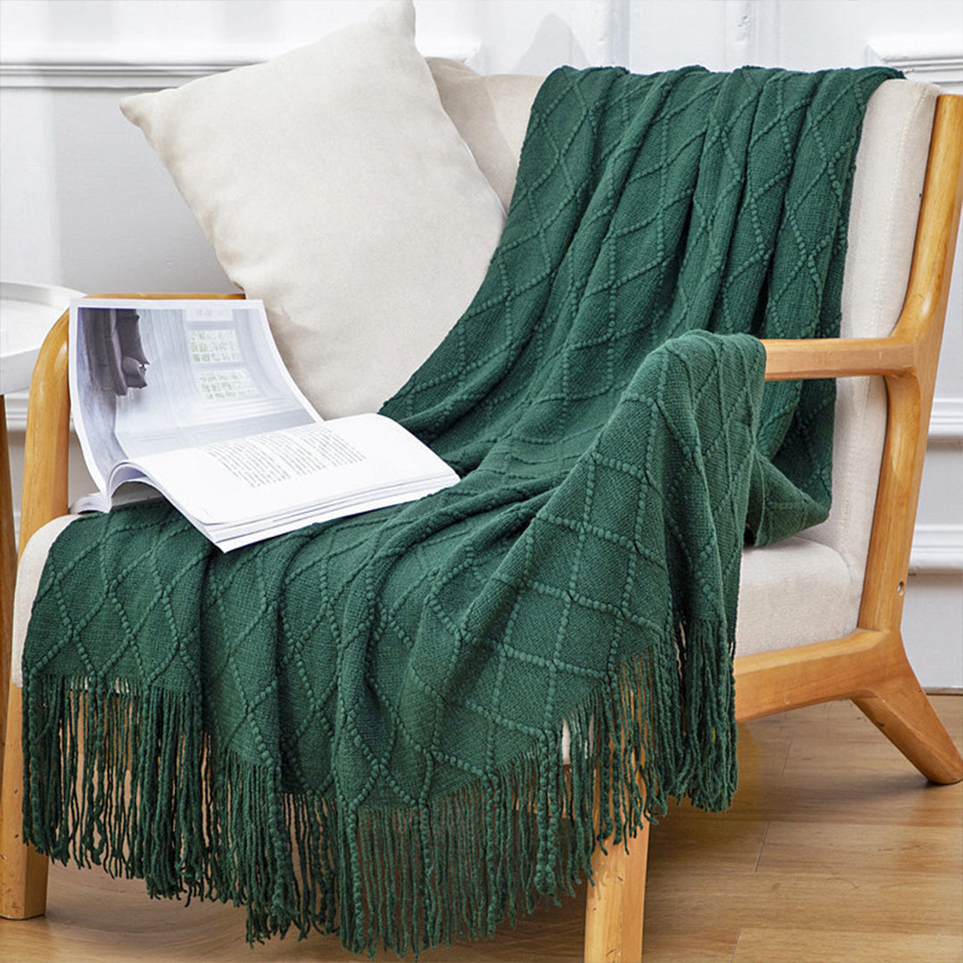 2X Green Diamond Pattern Knitted Throw Blanket Warm Cozy Woven Cover Couch Bed Sofa Home Decor with Tassels
