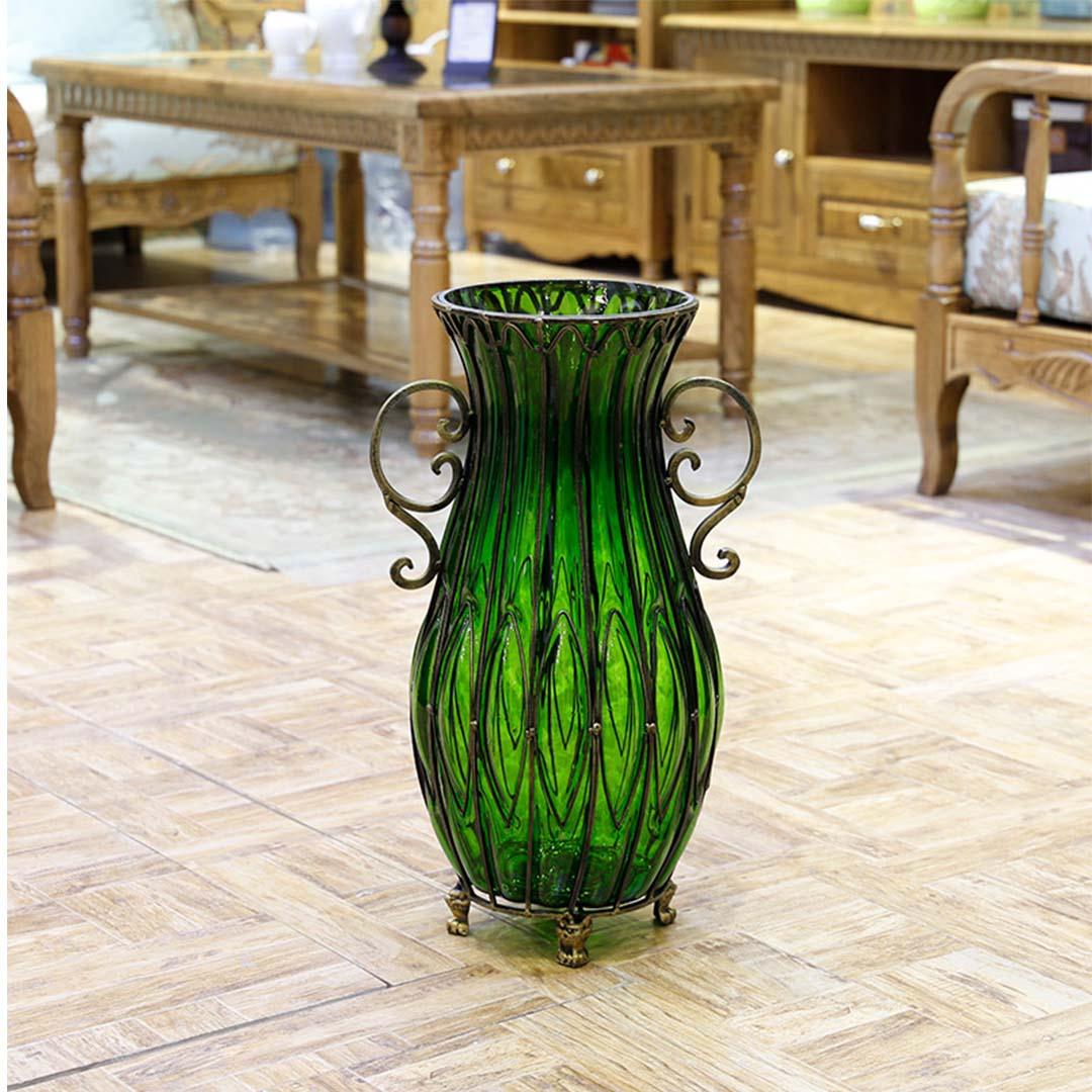 Soga 51cm Green Glass Oval Floor Vase With Metal Flower Stand