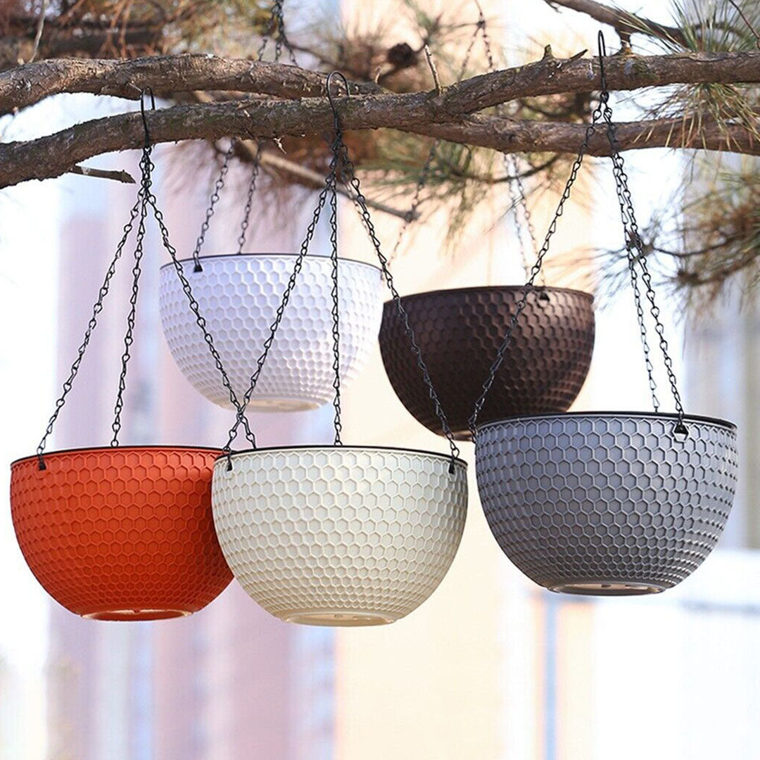 2X White Medium Hanging Resin Flower Pot Self Watering Basket Planter Indoor Outdoor Garden Decor