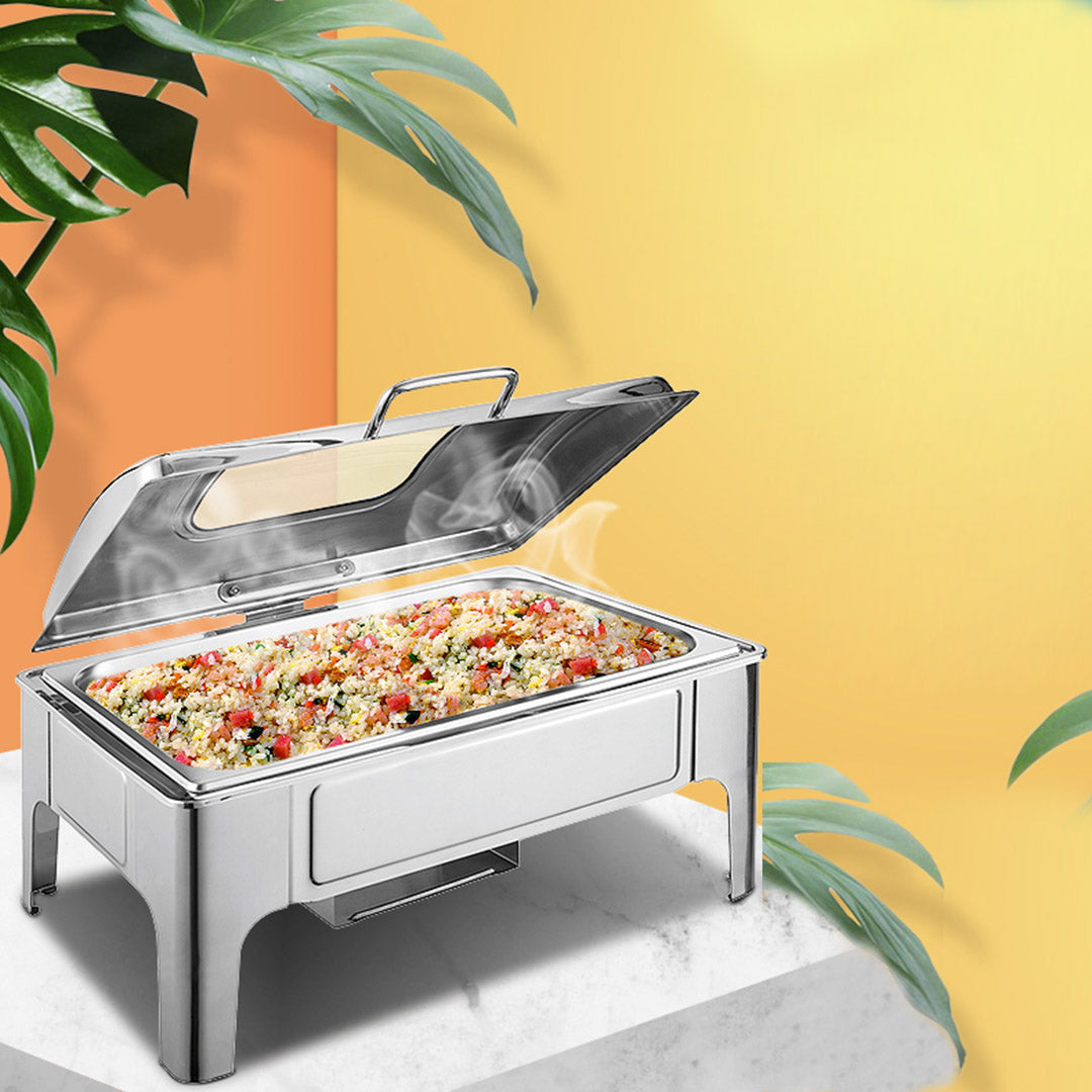 Soga 4 X 9 L Rectangular Stainless Steel Soup Warmer Roll Top Chafer Chafing Dish Set With Glass Visual Window Lid