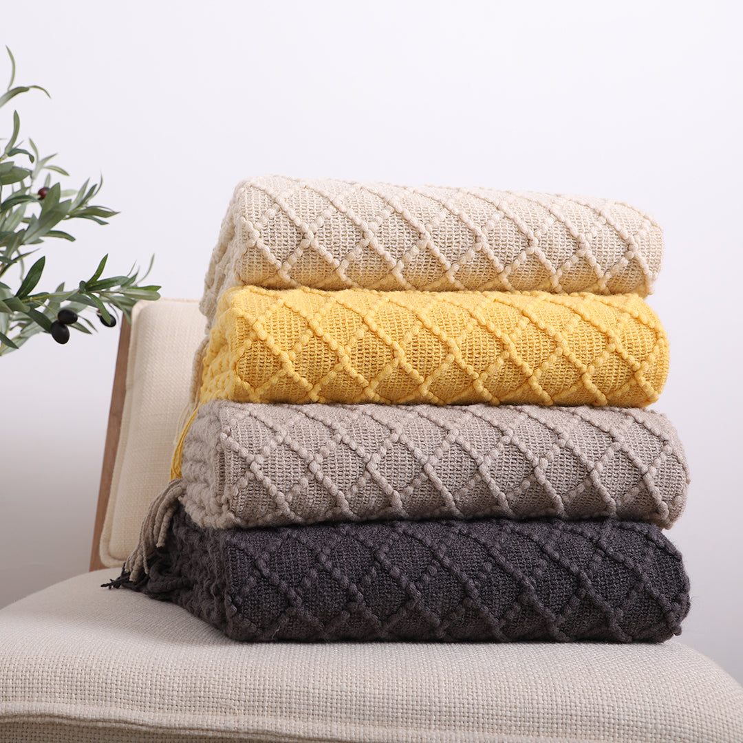 2X Beige Diamond Pattern Knitted Throw Blanket Warm Cozy Woven Cover Couch Bed Sofa Home Decor with Tassels