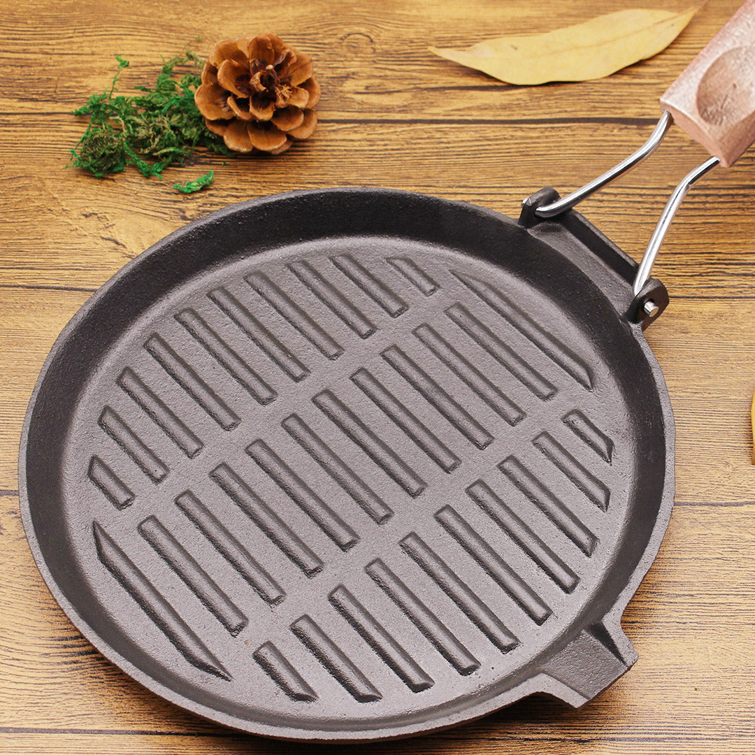 Soga 2 X 24cm Round Ribbed Cast Iron Steak Frying Grill Skillet Pan With Folding Wooden Handle