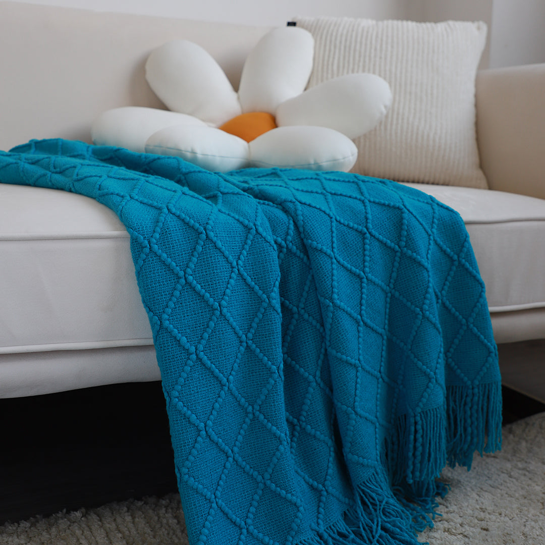 Blue Diamond Pattern Knitted Throw Blanket Warm Cozy Woven Cover Couch Bed Sofa Home Decor with Tassels