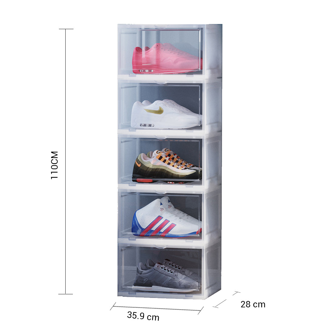 5 Tier Transparent Portable Shoe Organiser Sneaker Footwear Folding Plastic Bin Stackable Storage Box with Magnetic Door