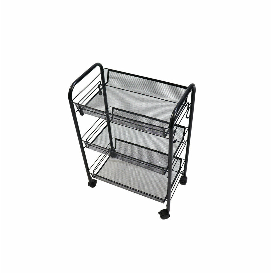 Soga 3 Tier Steel Black Bee Mesh Kitchen Cart Multi Functional Shelves Portable Storage Organizer With Wheels