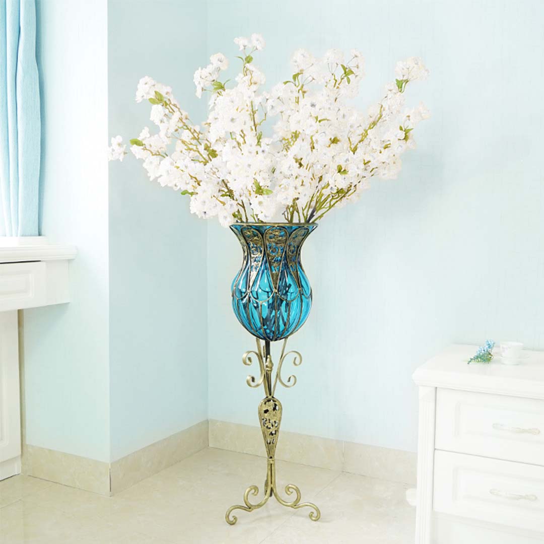 Soga 85cm Blue Glass Floor Vase With Tall Metal Flower Stand