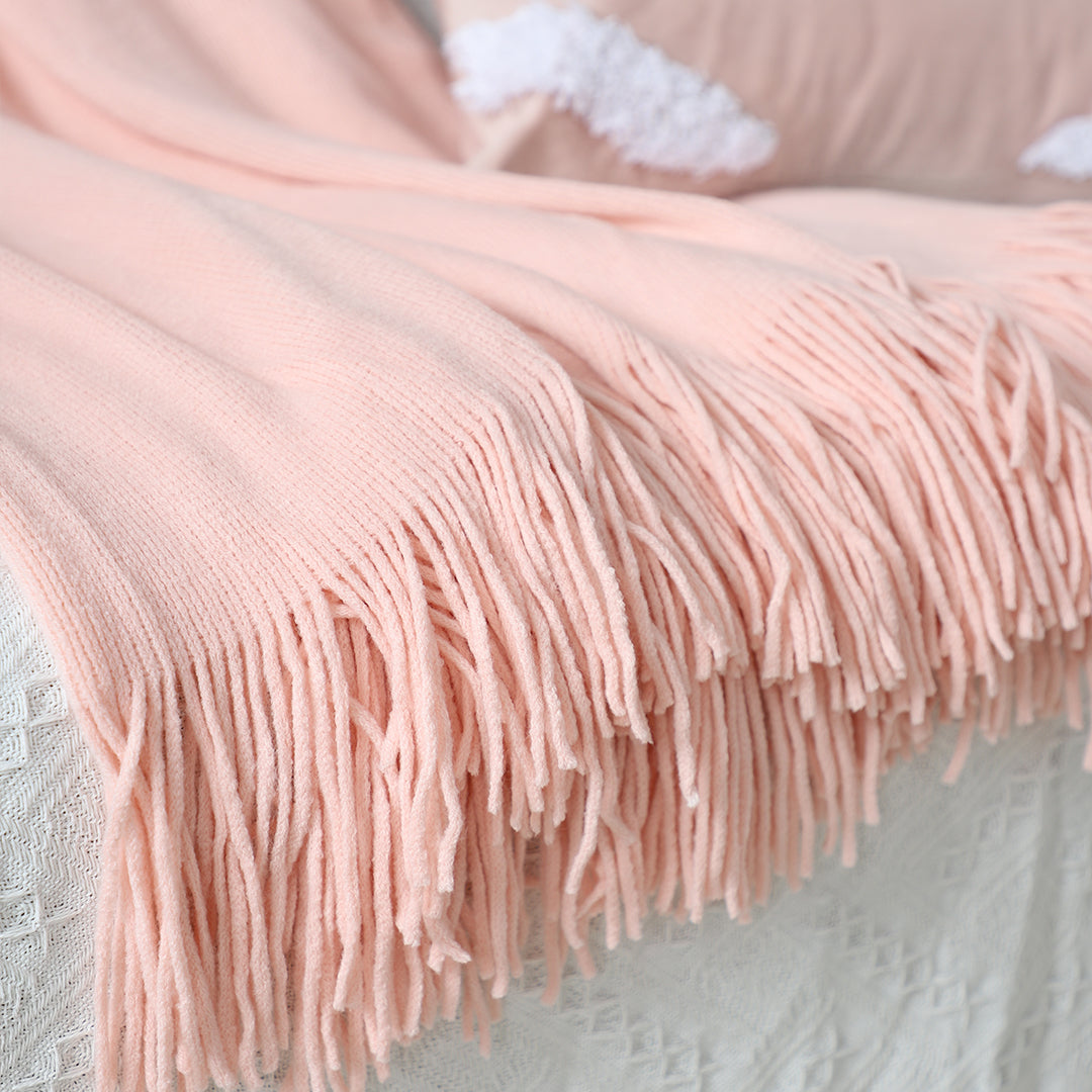 Pink Acrylic Knitted Throw Blanket Solid Fringed Warm Cozy Woven Cover Couch Bed Sofa Home Decor
