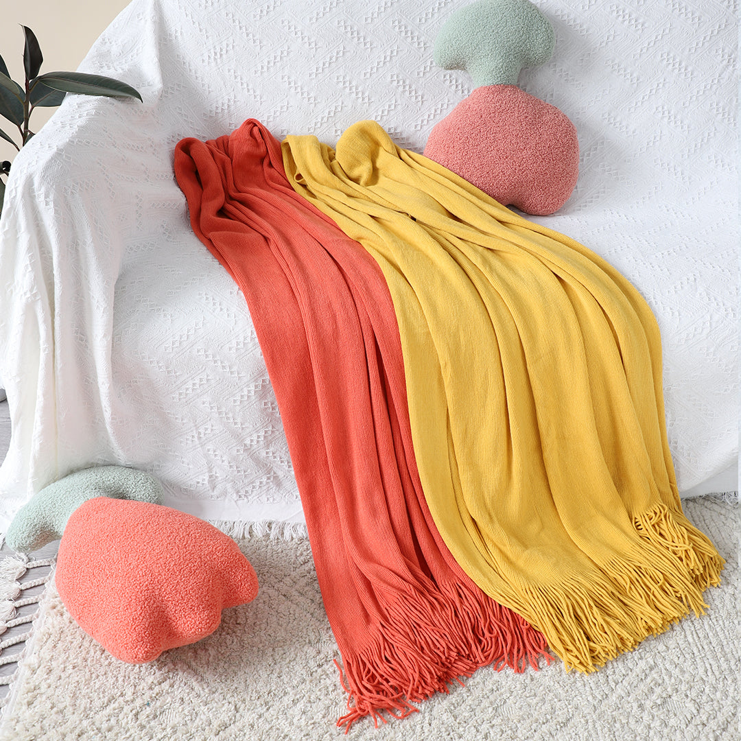 Orange Acrylic Knitted Throw Blanket Solid Fringed Warm Cozy Woven Cover Couch Bed Sofa Home Decor