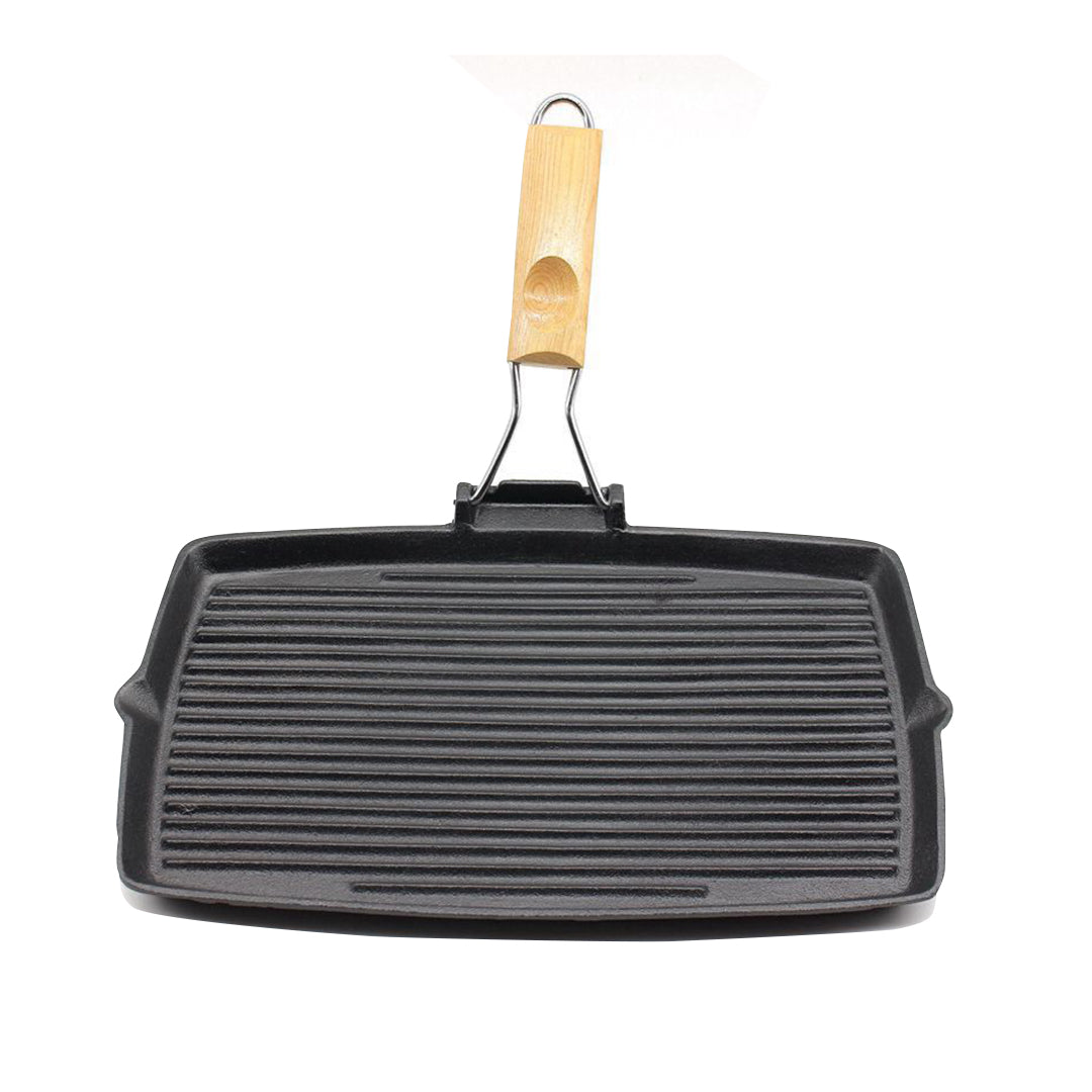 20.5cm Rectangular Cast Iron Griddle Grill Frying Pan with Folding Wooden Handle