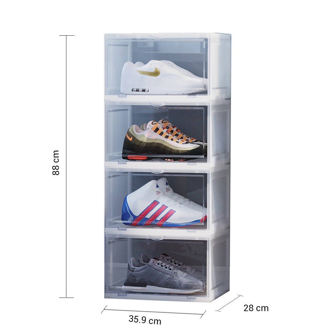 2X 4 Tier Transparent Portable Shoe Organiser Sneaker Footwear Folding Plastic Bin Stackable Storage Box with Magnetic Door