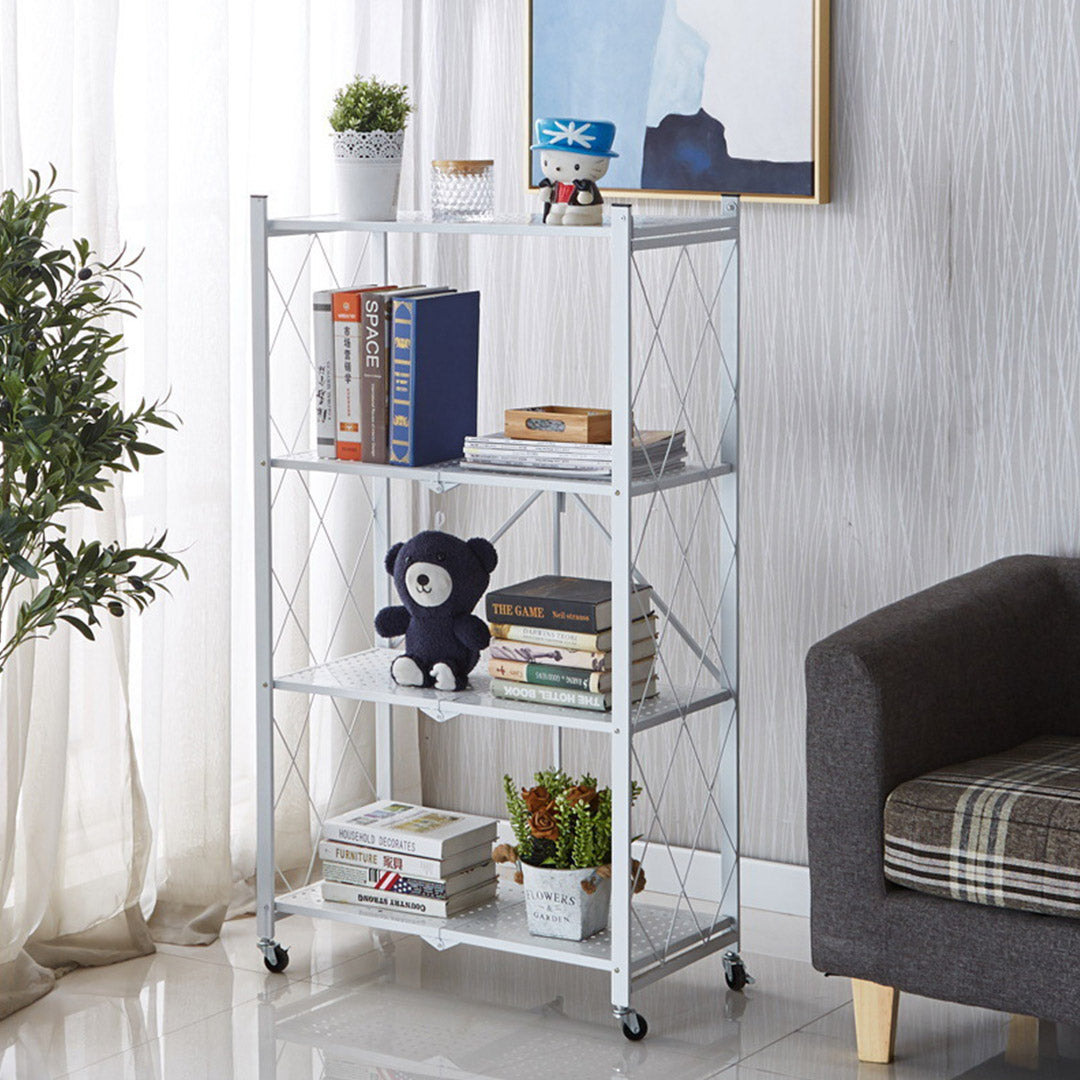 Soga 2 X 4 Tier Steel White Foldable Kitchen Cart Multi Functional Shelves Portable Storage Organizer With Wheels