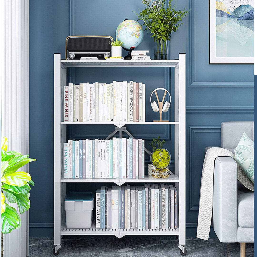 Soga 4 Tier Steel White Foldable Display Stand Multi Functional Shelves Portable Storage Organizer With Wheels