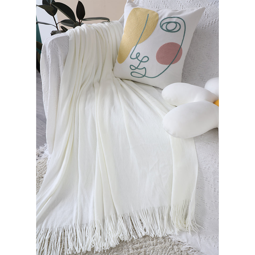White Acrylic Knitted Throw Blanket Solid Fringed Warm Cozy Woven Cover Couch Bed Sofa Home Decor